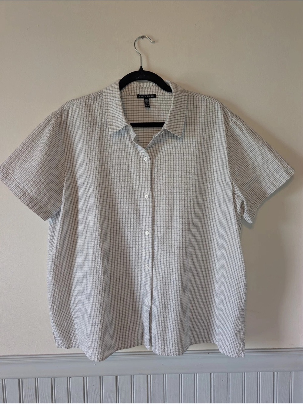 Eileen Fisher Short-Sleeve Button Front Top in Light Blue and White